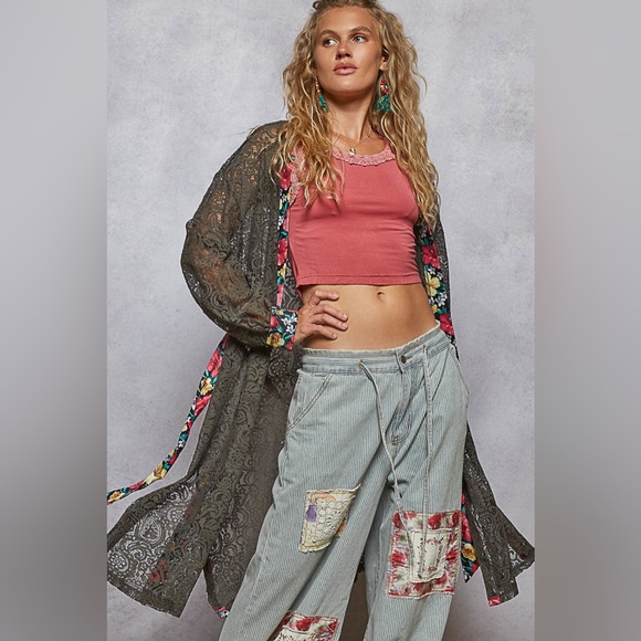 POL Tops - 🌻 POL “ Moonlace Kimono ” Kimono Long Sleeve Belted Robe | Charcoal